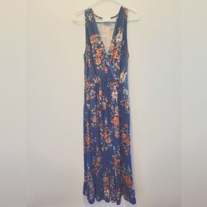French Grey Blue Floral Maxi Dress, Size L